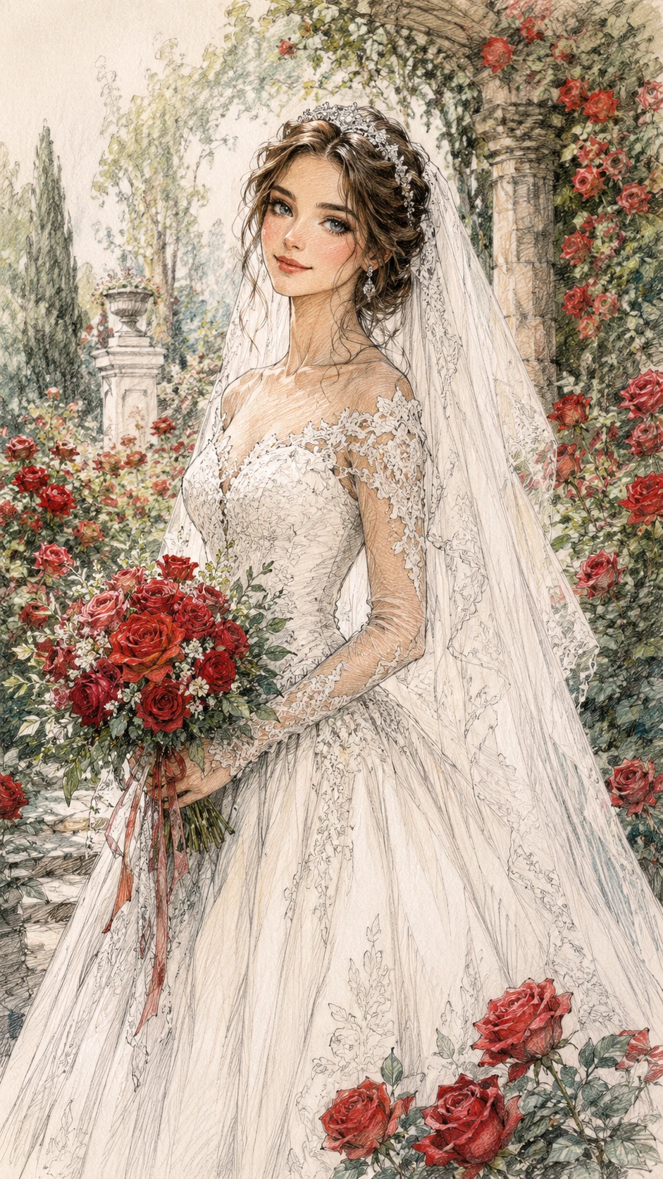 Young bride in white dress among blooming red roses