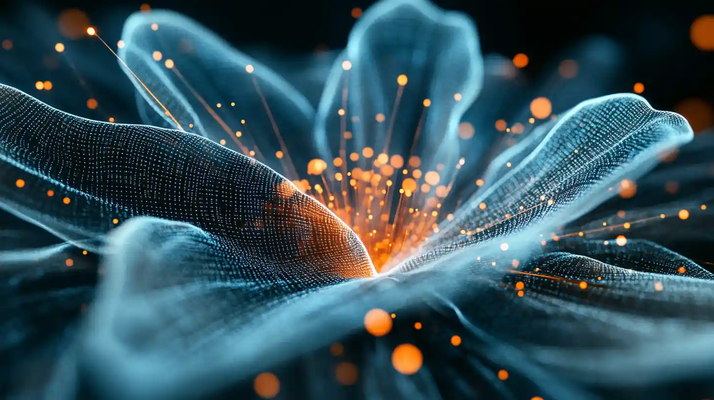 Extreme close up of digital flower petal with glowing grid