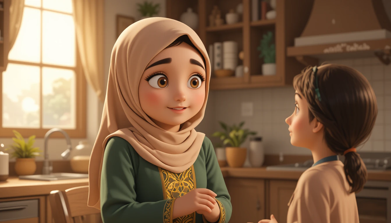 Muslim mother teaching daughter in a warm sunlit kitchen