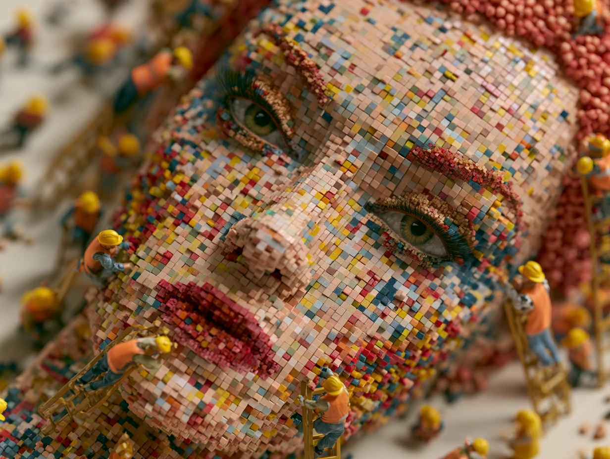 Surreal mosaic female portrait built by tiny construction workers