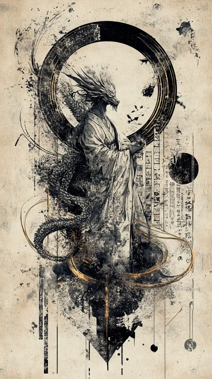 Refined figure framed by floating scrolls and arcane dragon