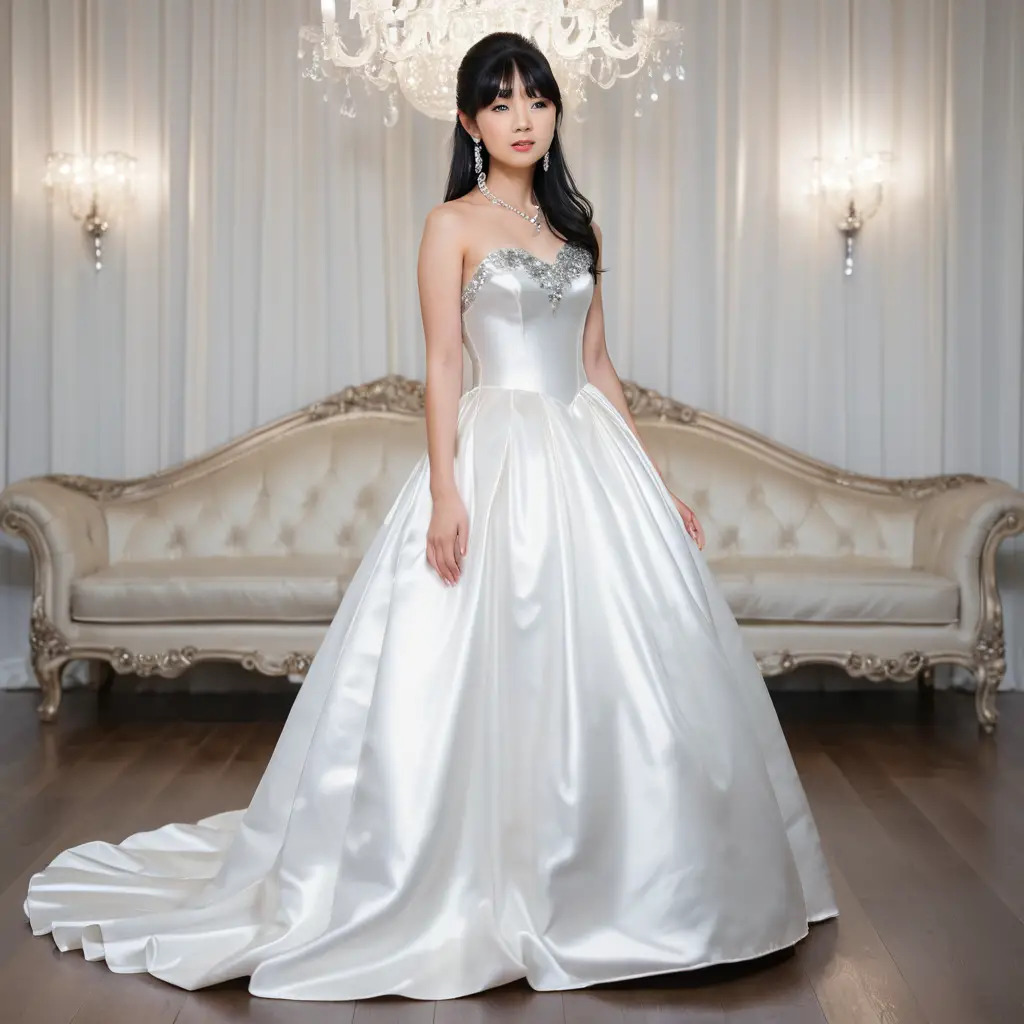 Elegant Japanese woman in white satin strapless ballgown