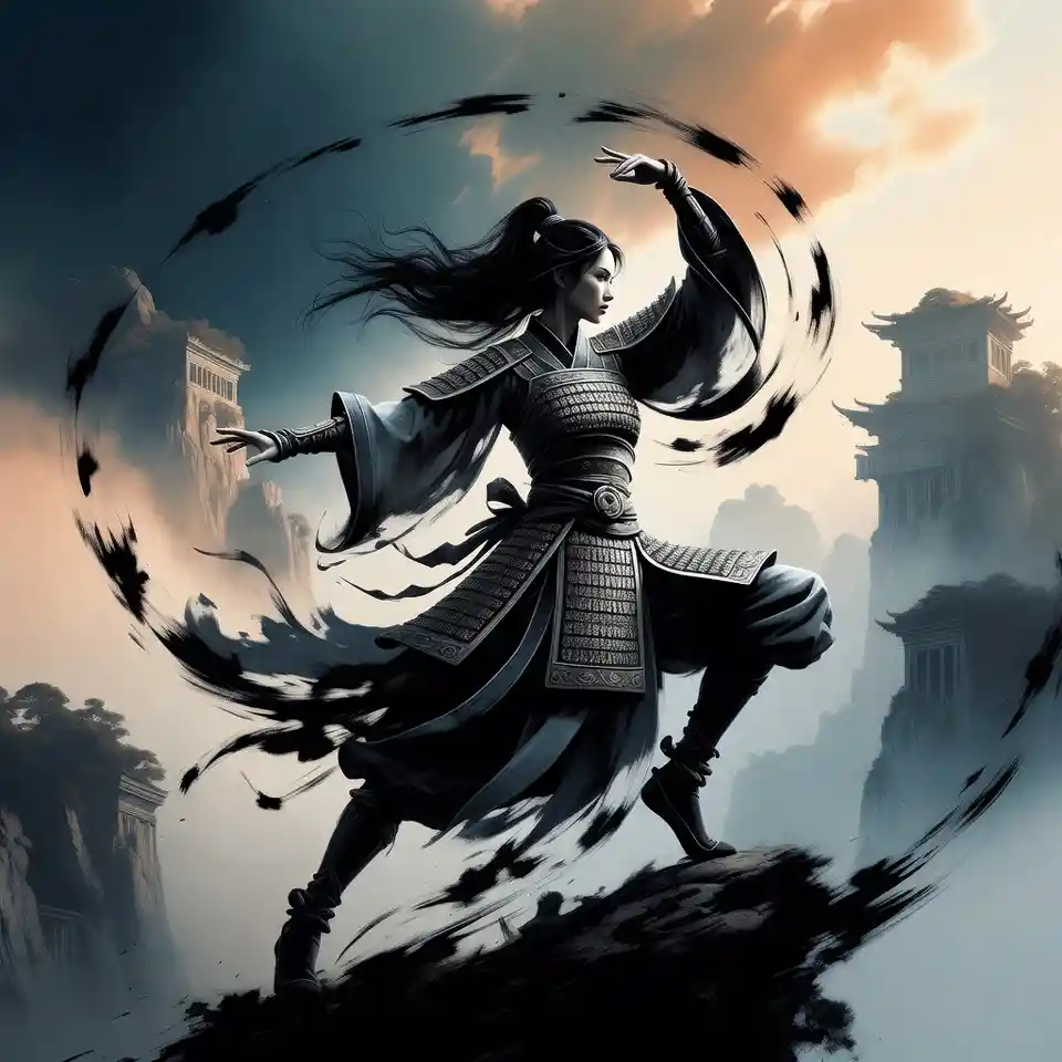 Warrior woman dancing martial arts on a misty mountaintop