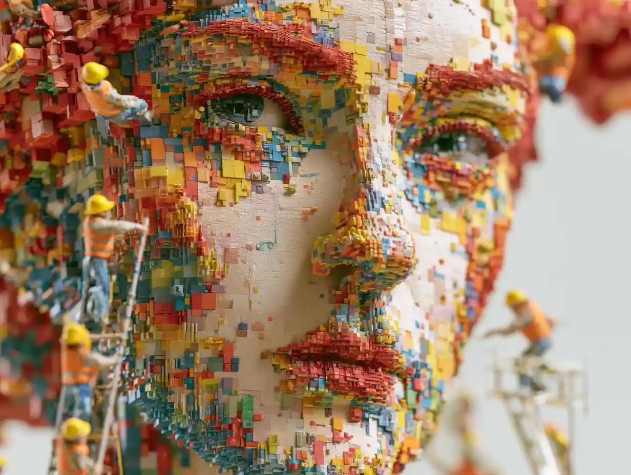 Close up mosaic woman face built by tiny workers