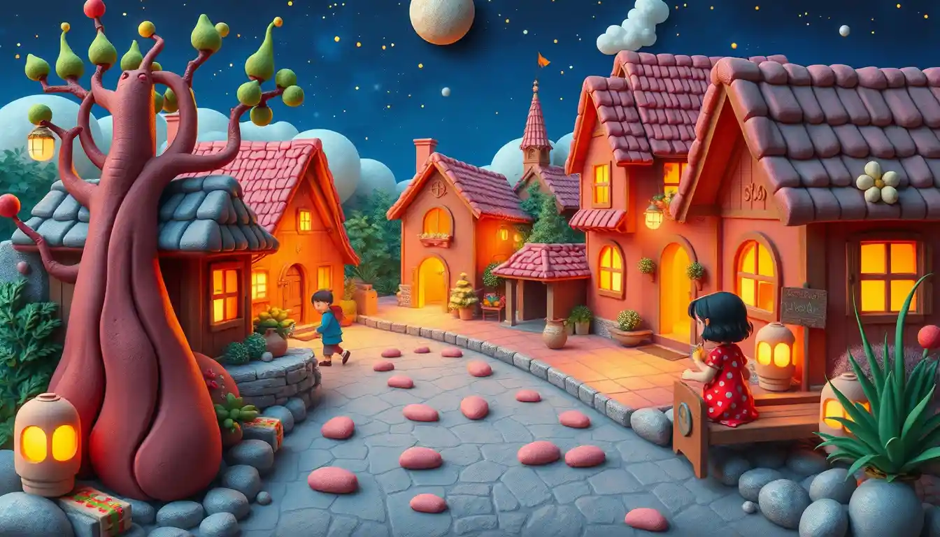 Whimsical clay style fantasy village with quirky characters