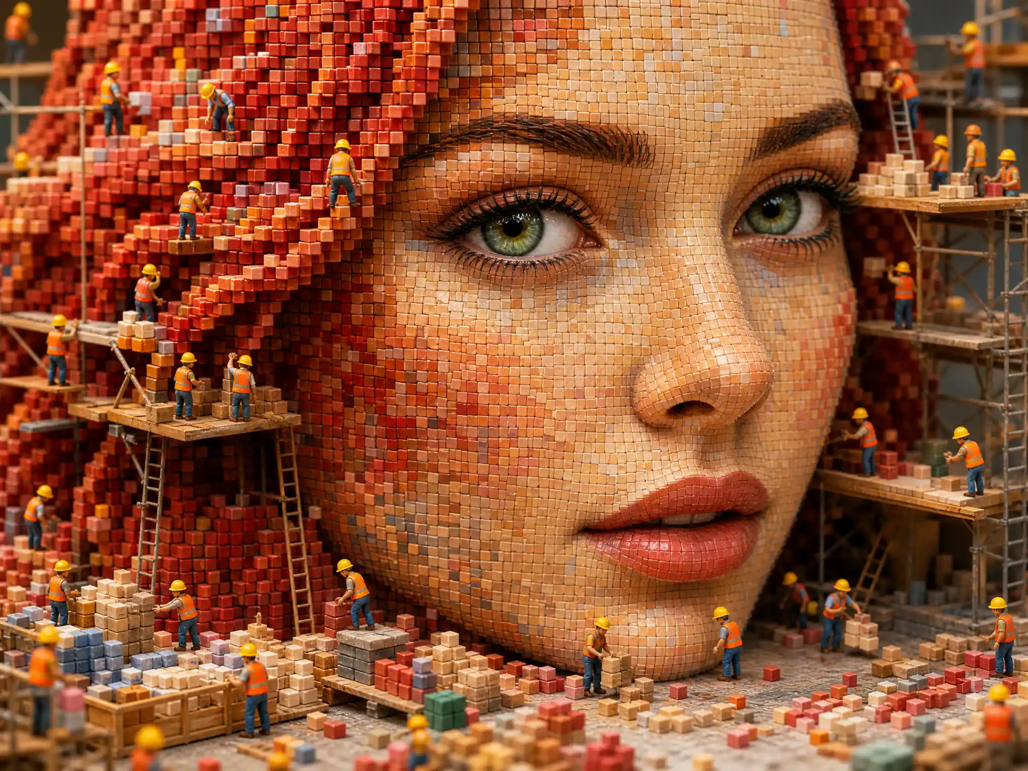 Woman face built from tiny colorful construction cubes
