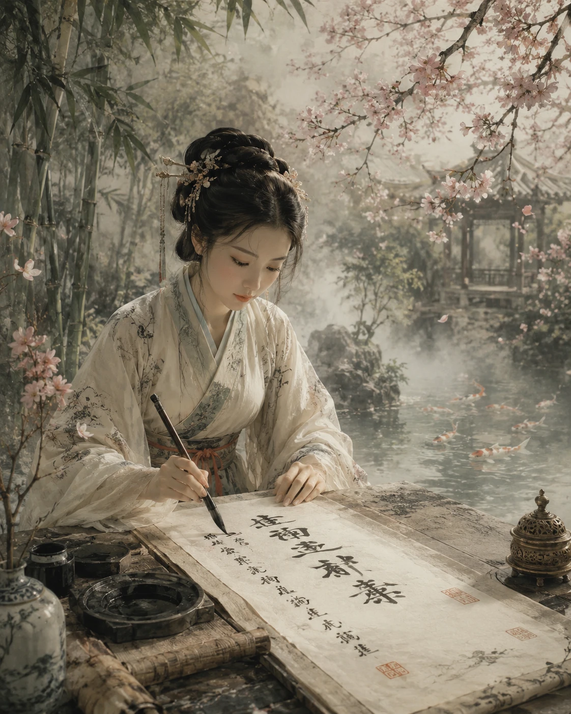 Elegant Chinese woman practicing calligraphy in bamboo garden