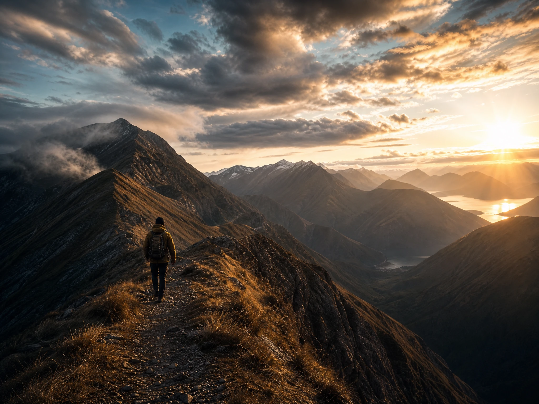 Lone hiker on mountain ridge under dramatic clouds
