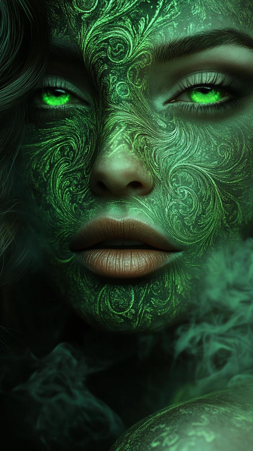 Woman with jade lips in a cosmic ink patterned portrait