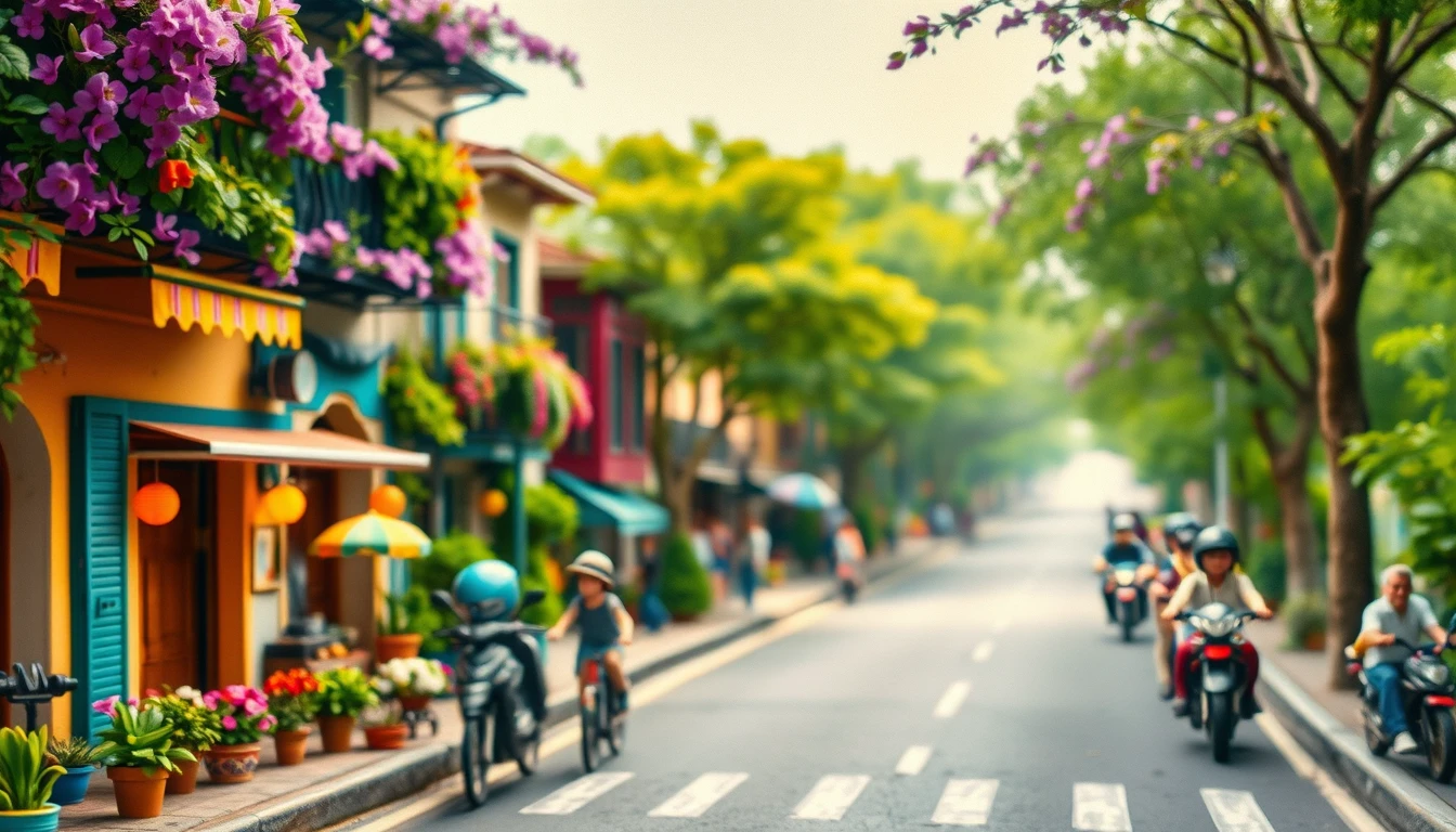 Vibrant Paris street scene with leafy balconies and vendors