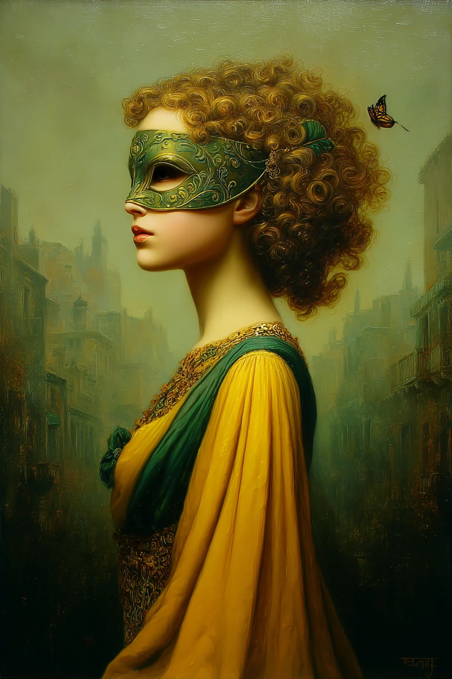 Masked nineteenth century woman in ornate dress in Venice