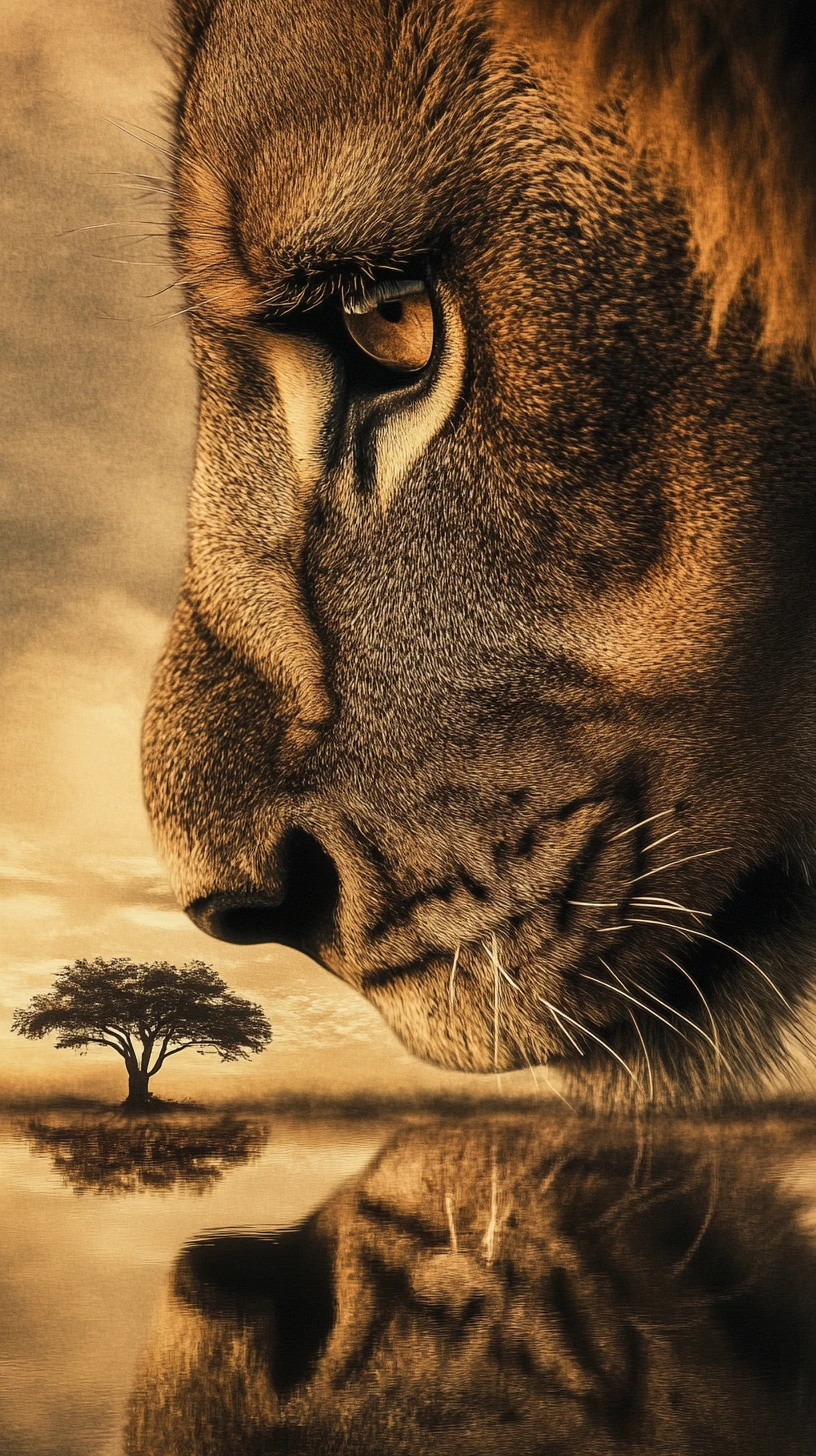 Lion in shadow with landscape reflected in its eye