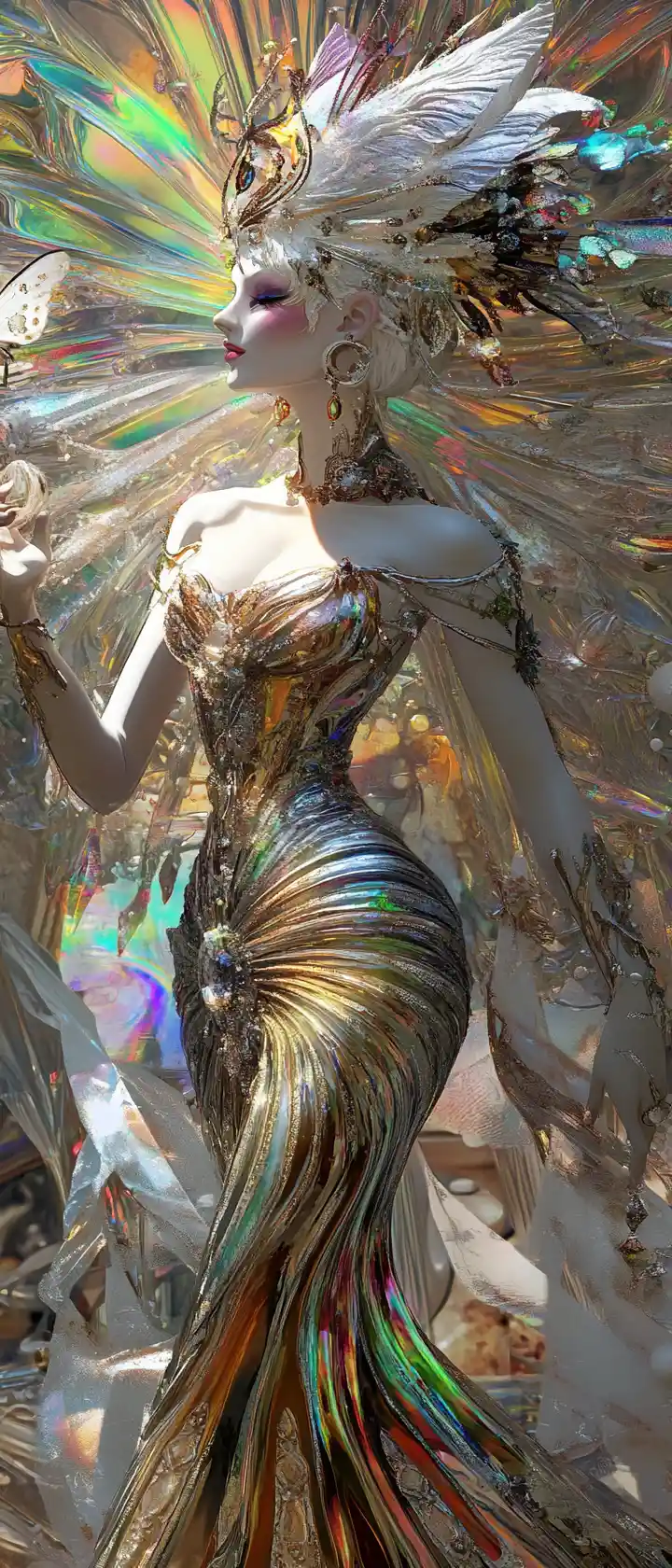 Baroque fantasy woman dancing in pastel metallic gown