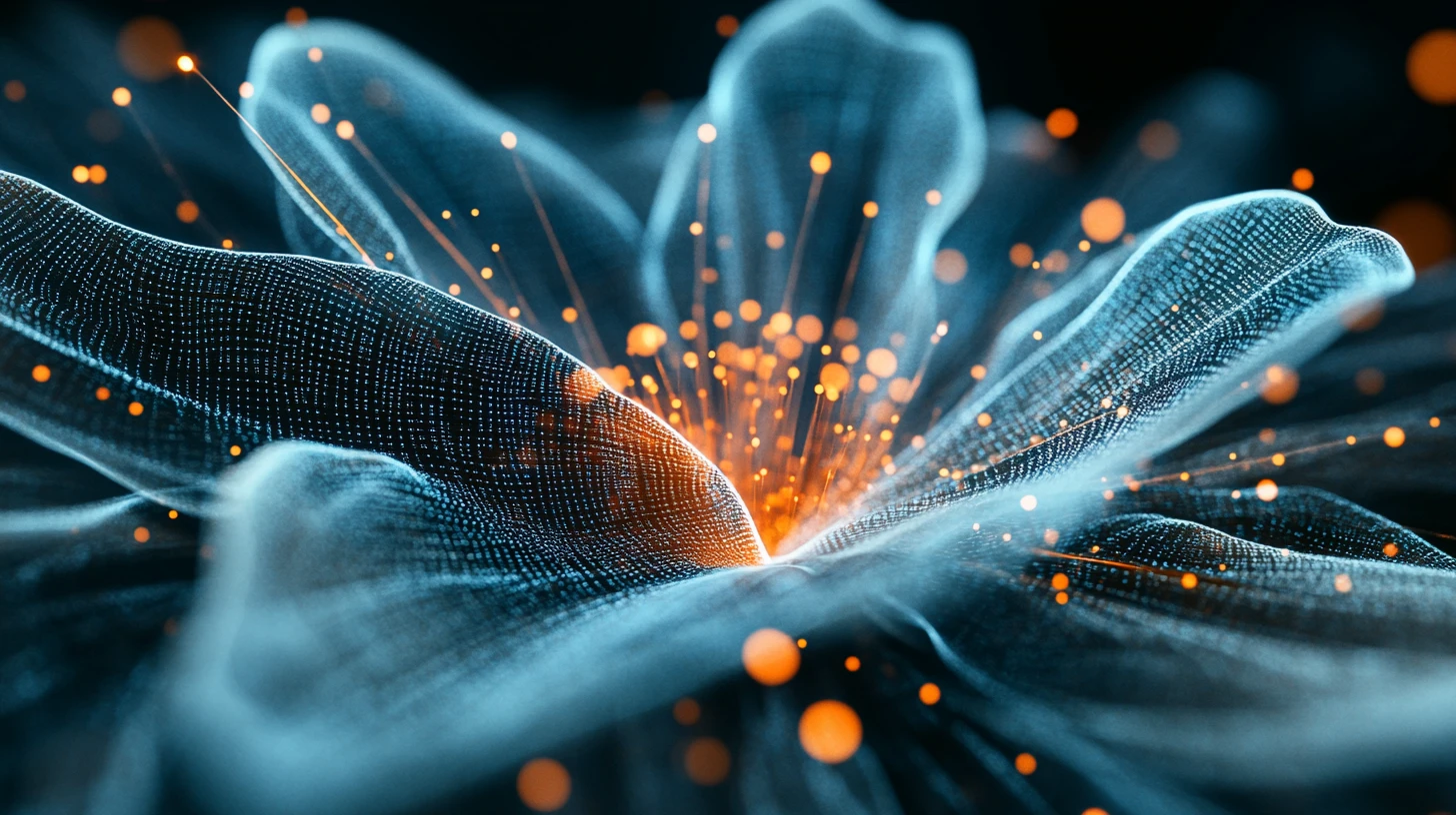 Extreme close up of digital flower petal with glowing grid