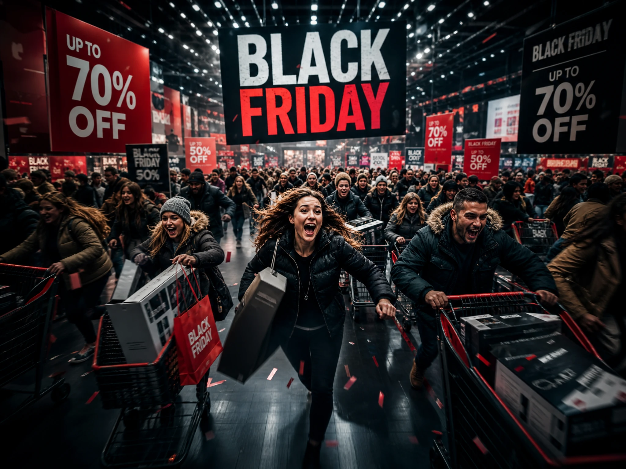 Black Friday crowd rushing through a busy retail store