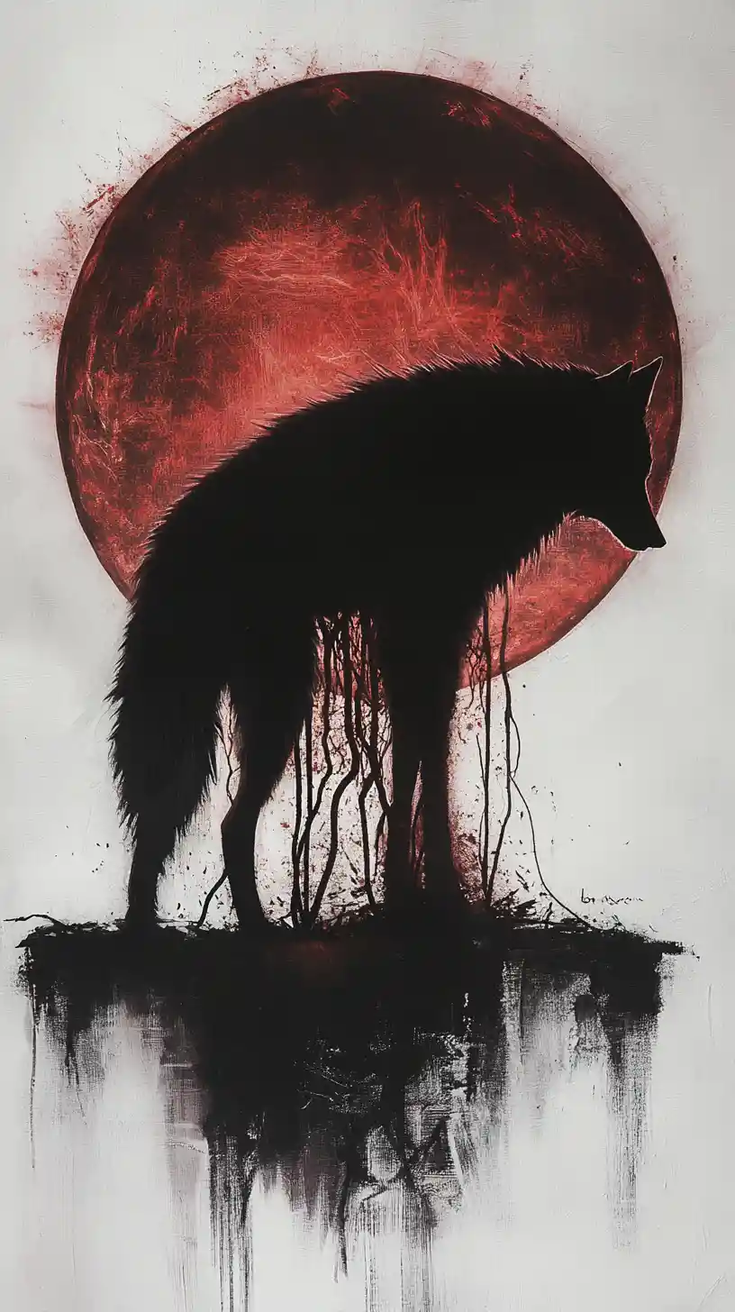 Wolf silhouette against a massive eclipse in darkness