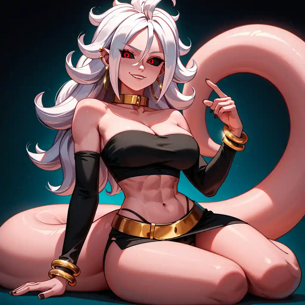 Curvy pink skinned anime woman with wild white hair