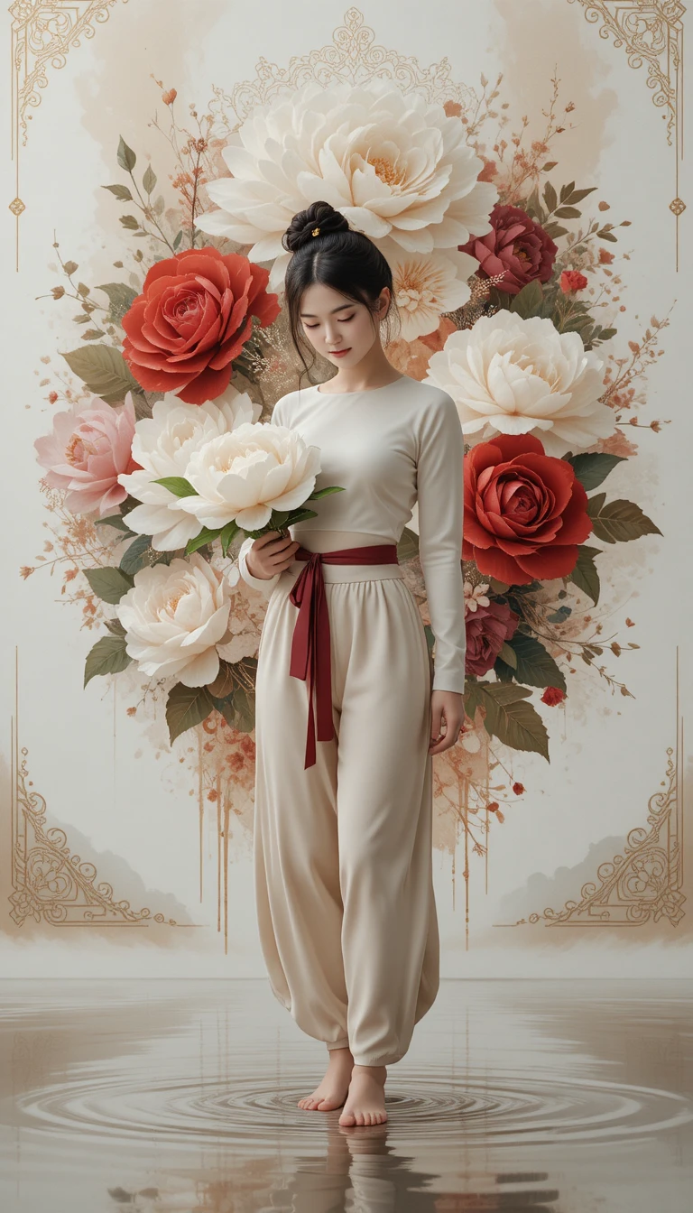 Young woman with peony standing on reflective water