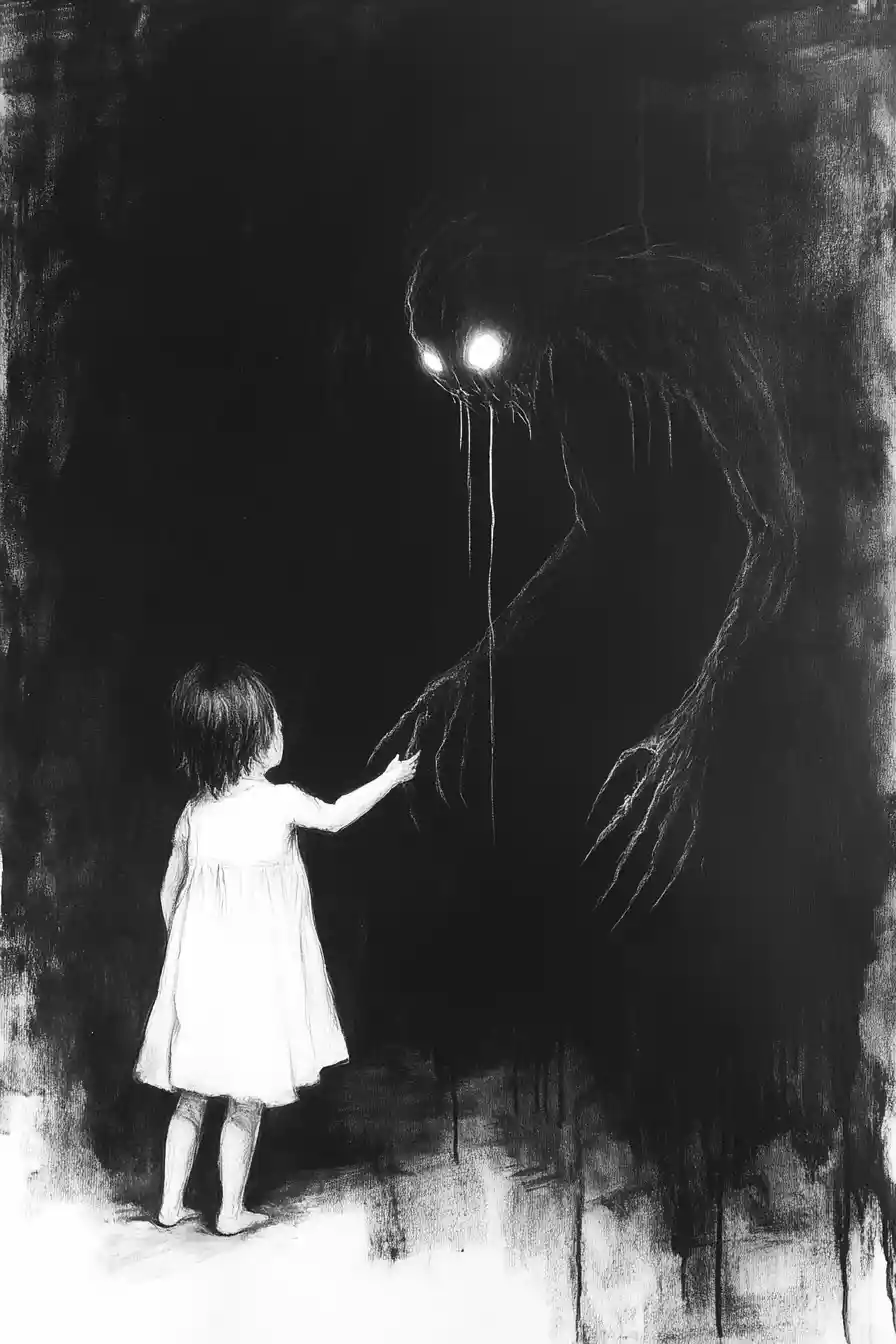 Charcoal horror scene of a shadow figure and terrified child