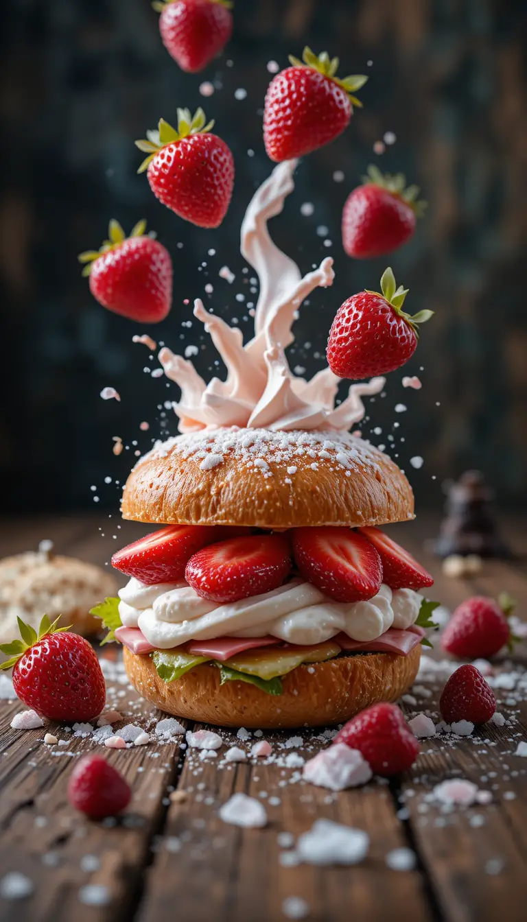Strawberry sandwich on wooden table with floating berries