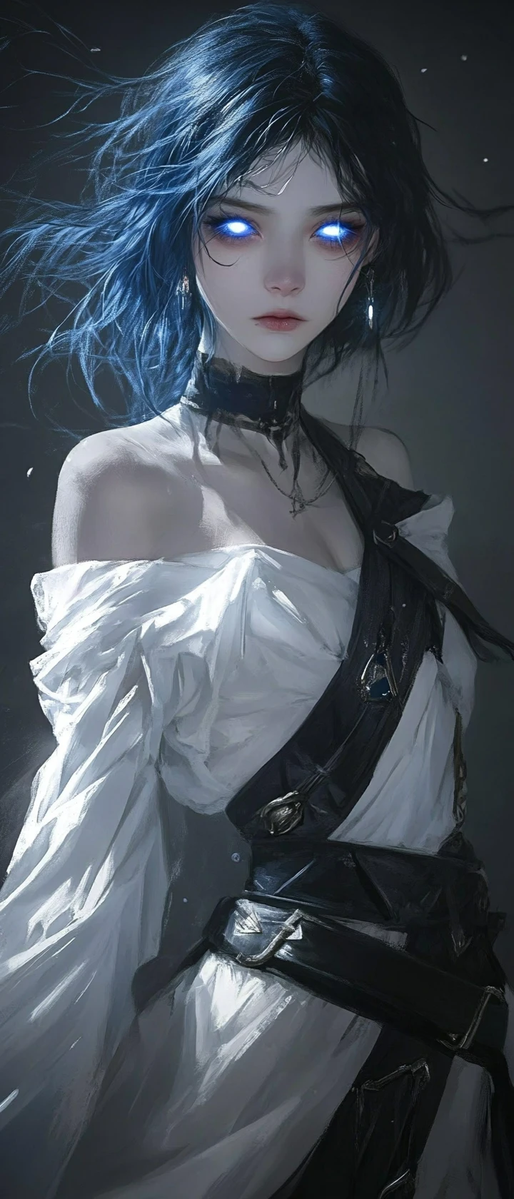 Sad ethereal woman in glowing armor standing in darkness