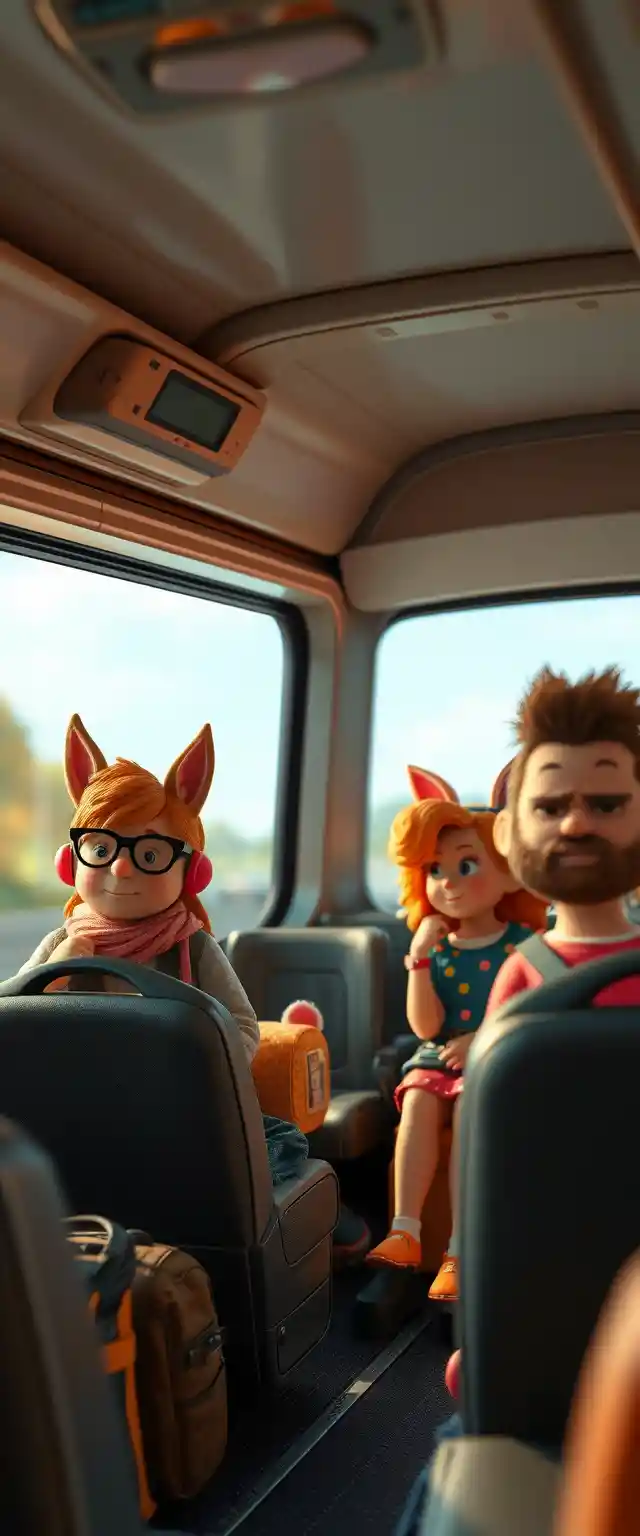 Playful cartoon forest folk riding a summer holiday bus