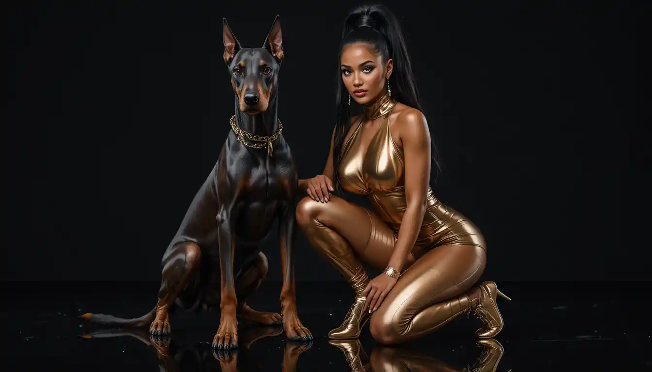 Glamorous woman in gold bodysuit posing with doberman