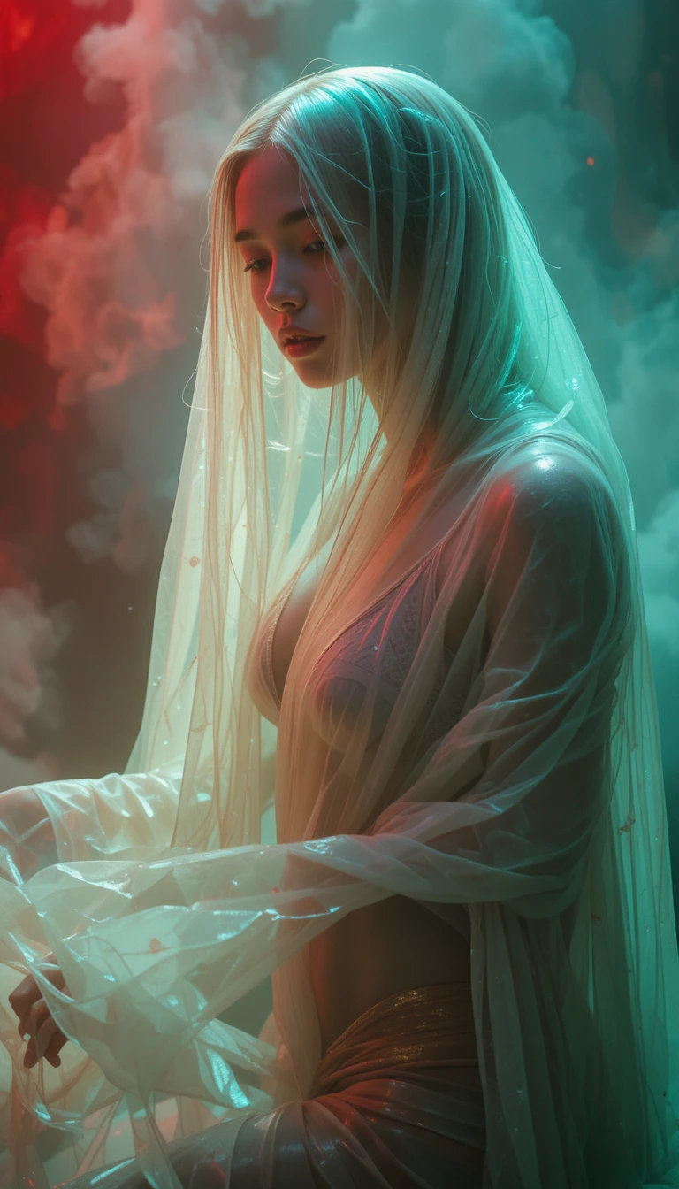 Enigmatic dancer veiled in translucent iridescent fabrics