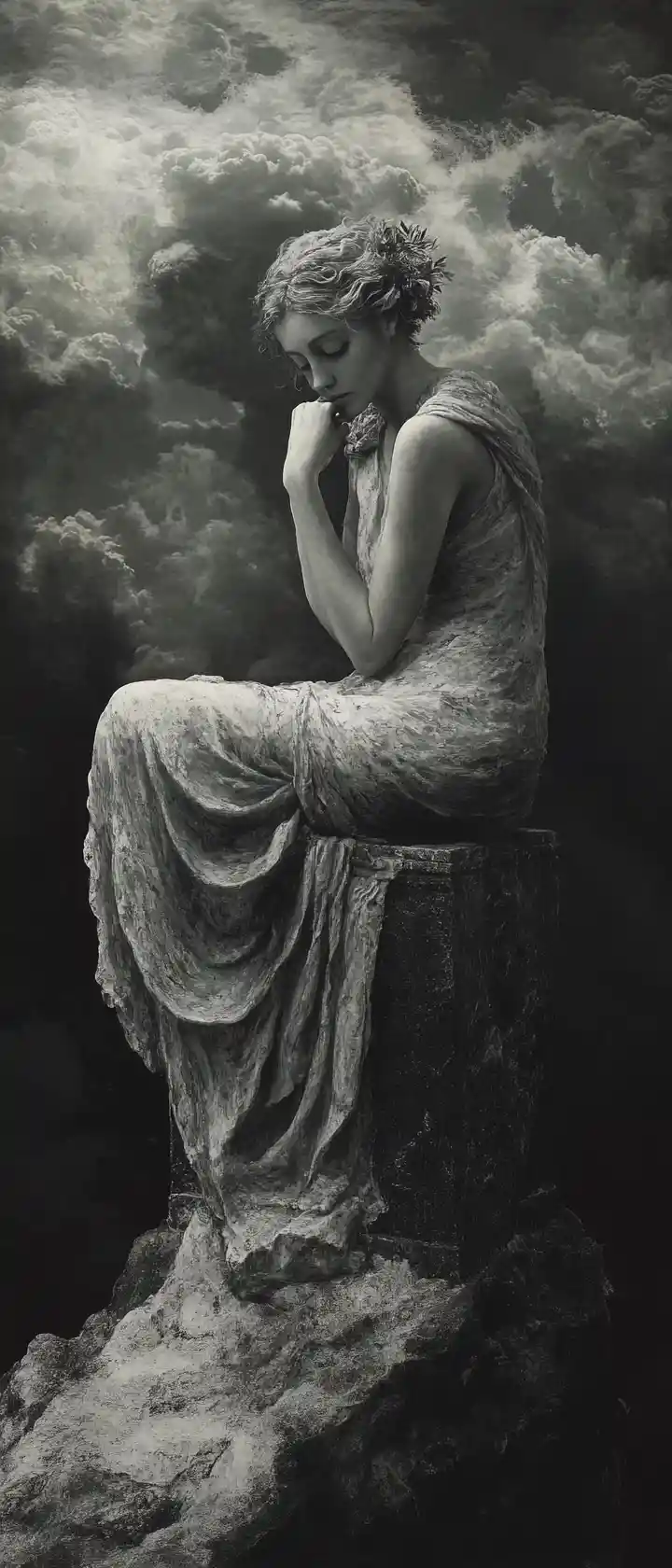 Melancholic dryad statue in a dark fantastical atmosphere