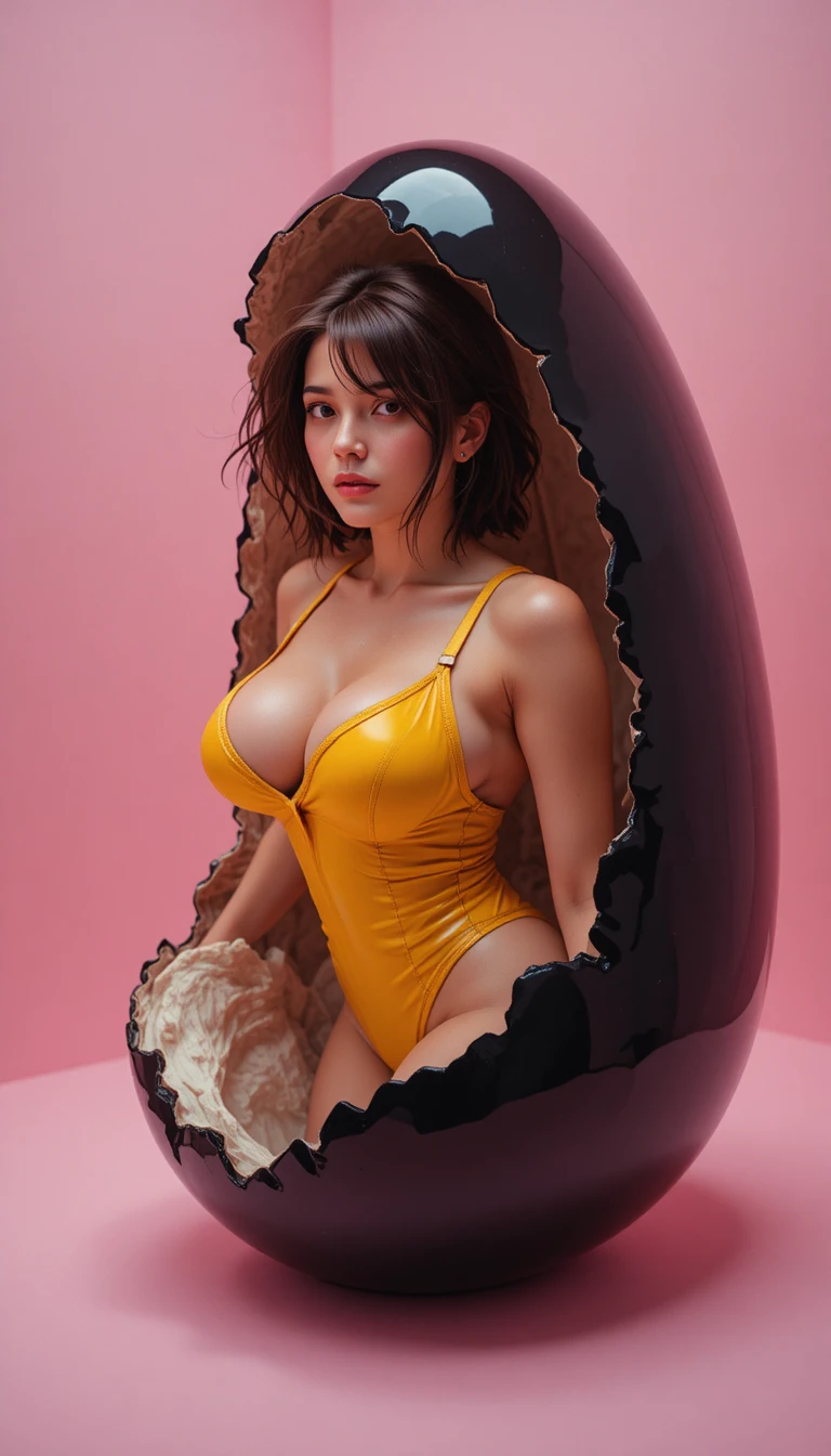 Mature woman emerging from black latex egg in pink room