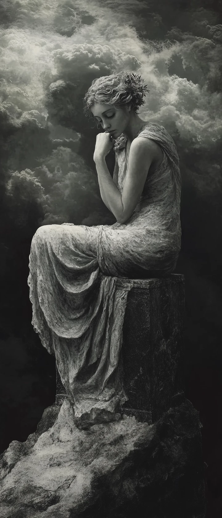 Melancholic dryad statue in a dark fantastical atmosphere