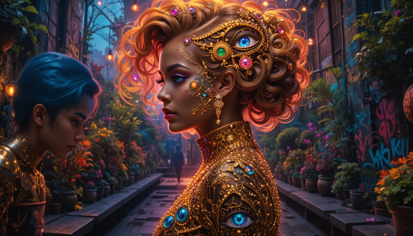 Surreal portrait of a glamorous woman in a neon garden