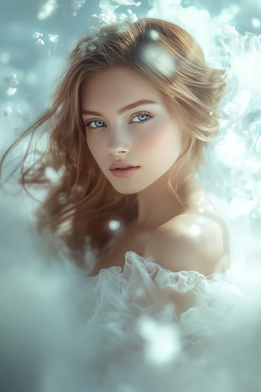 Ethereal woman emerging from golden mystical fog