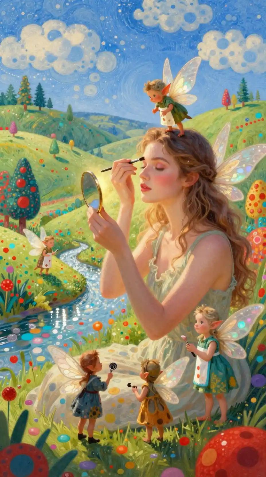 Tiny elves delicately applying makeup to a serene woman