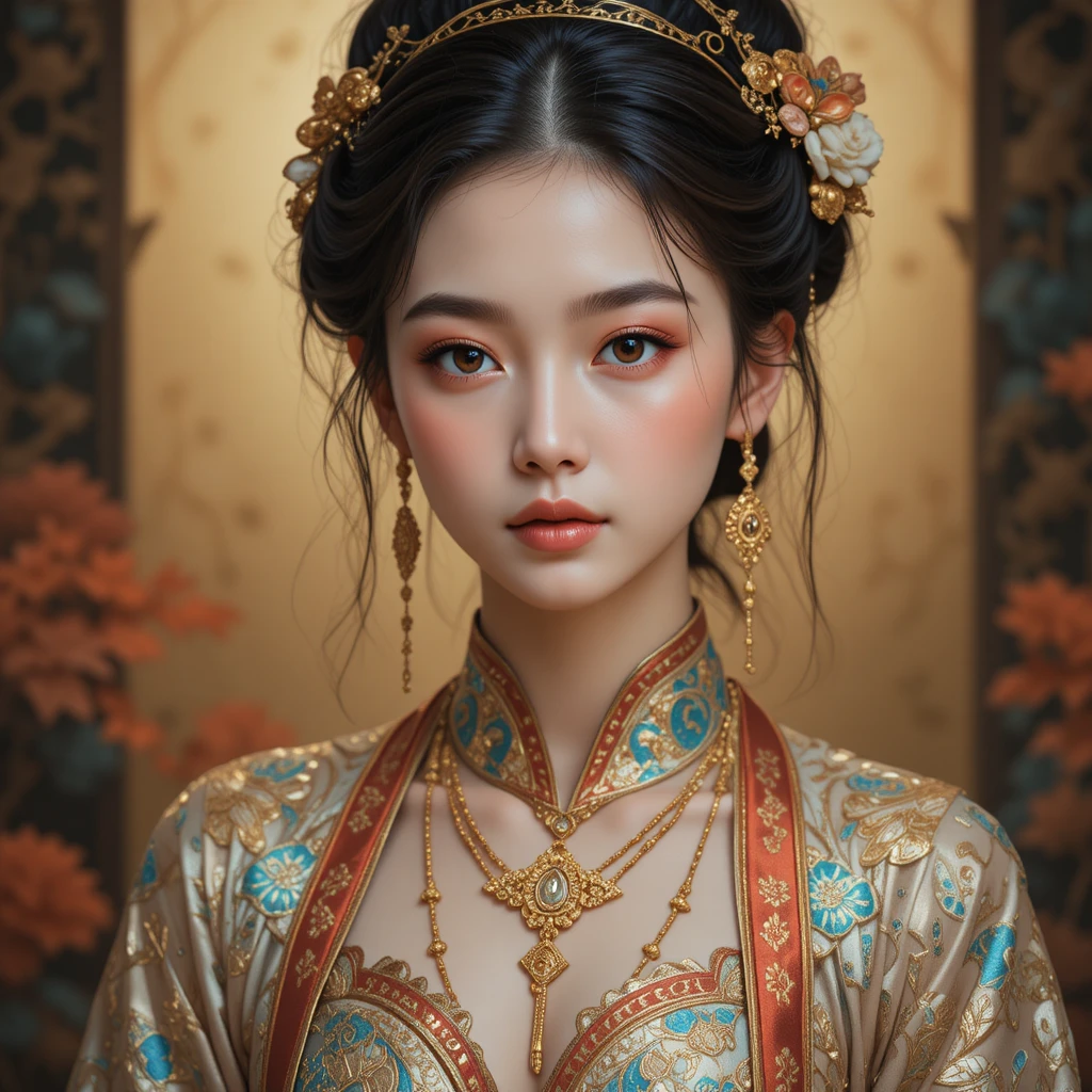 Serene woman in traditional oriental attire with gold jewelry
