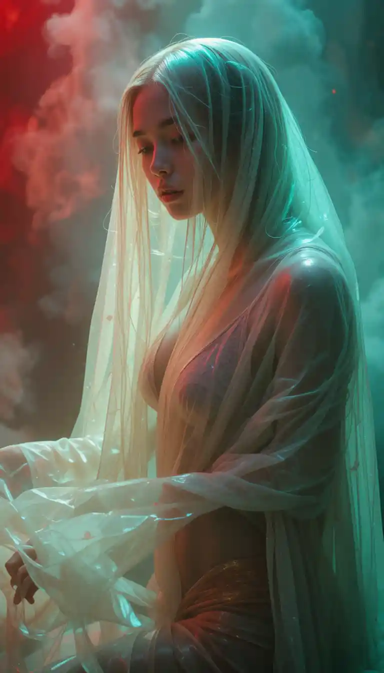 Enigmatic dancer veiled in translucent iridescent fabrics