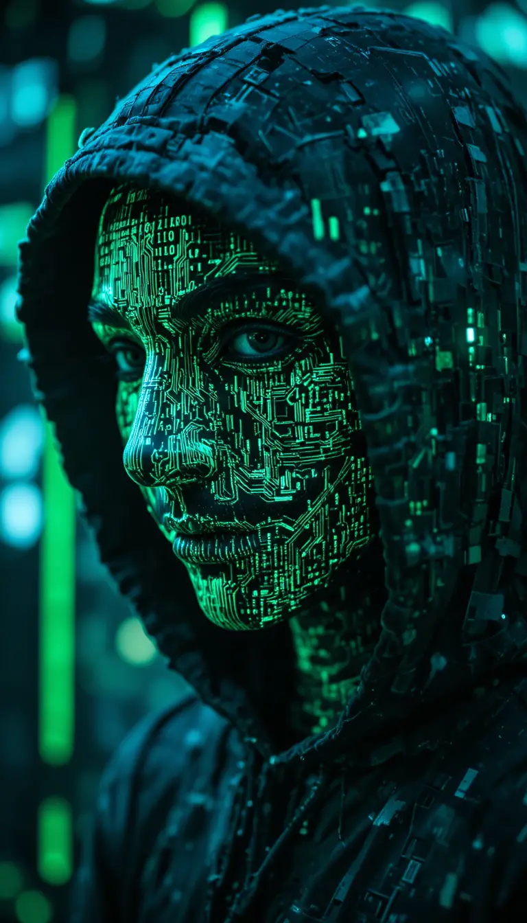 Ritratto di hacker anonimo con sovrapposizione di codice binario in stile cyberpunk