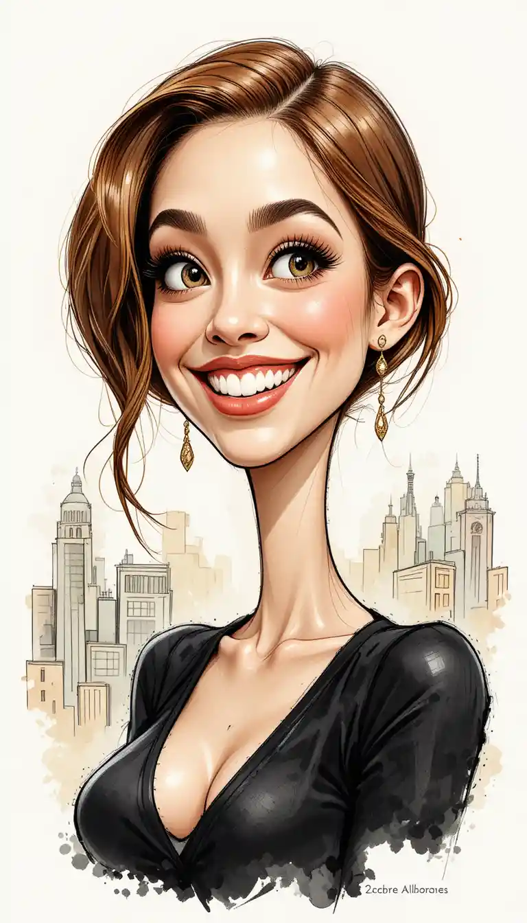 Cheerful caricature portrait of a woman with sideways glance
