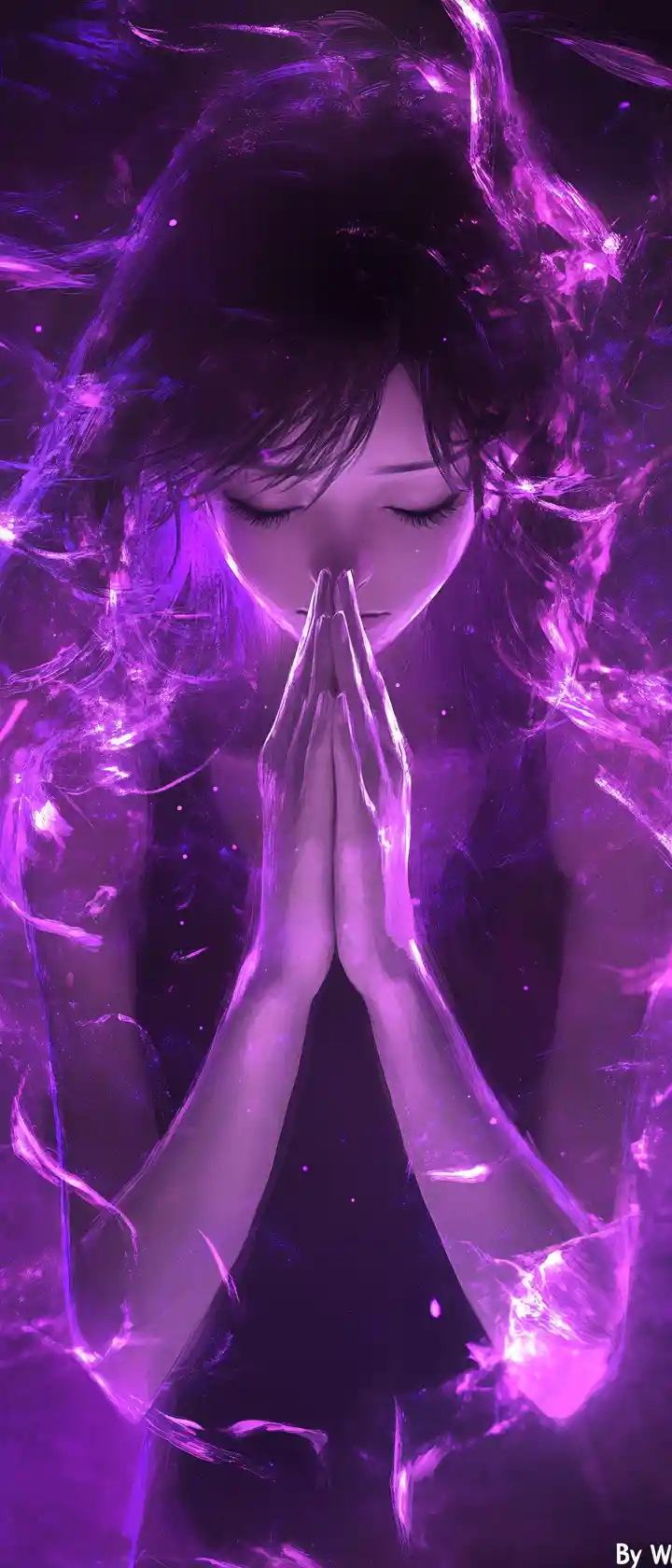 Anime girl with four hands in ethereal top view