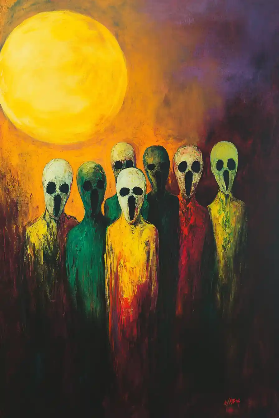 Surreal cluster of masked abstract figures under glowing orb