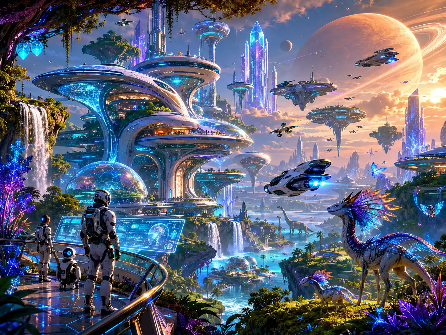 Futuristic Colony Floating Above A Luminous Alien Landscape