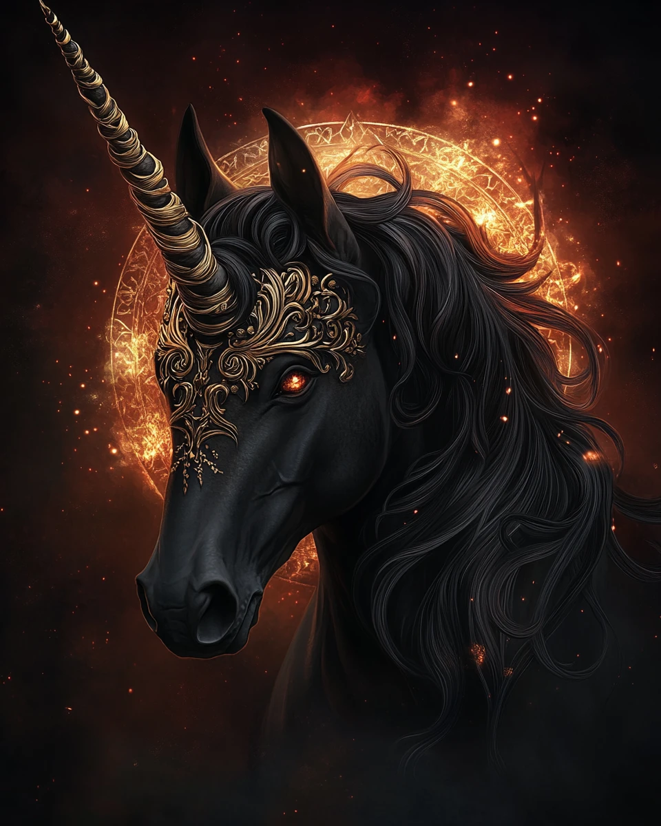 Dark fantasy portrait of a regal black unicorn with halo