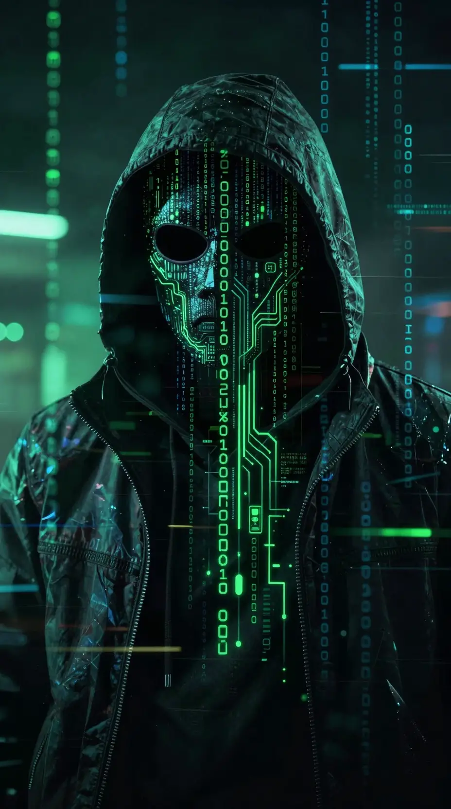 Ritratto di hacker cyberpunk con codice binario e circuiti