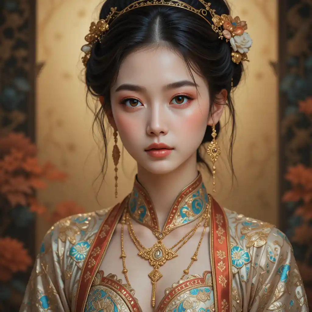 Serene woman in traditional oriental attire with gold jewelry