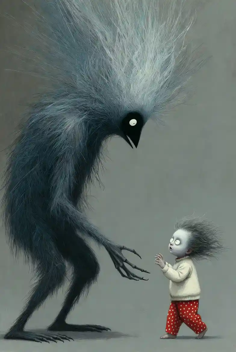 Small child facing a towering one eyed monster in gray space