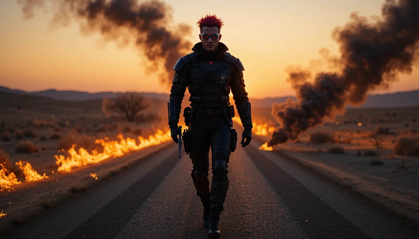 Armed man walking alone down a burning desert road