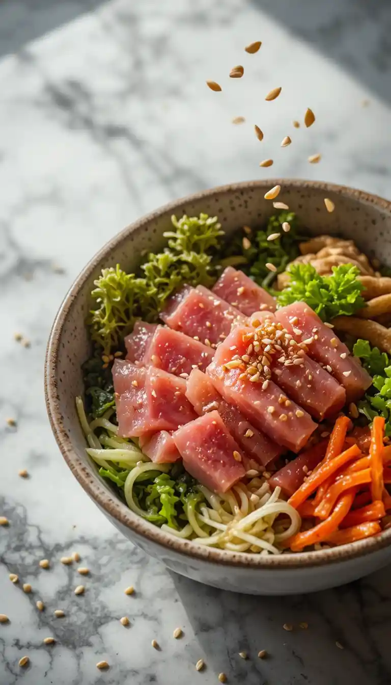 Poke bowl con tonno e verdure fresche vista dall’alto