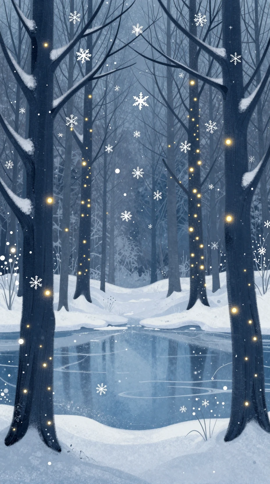 Bosque nevado mágico con luces brillantes y lago congelado