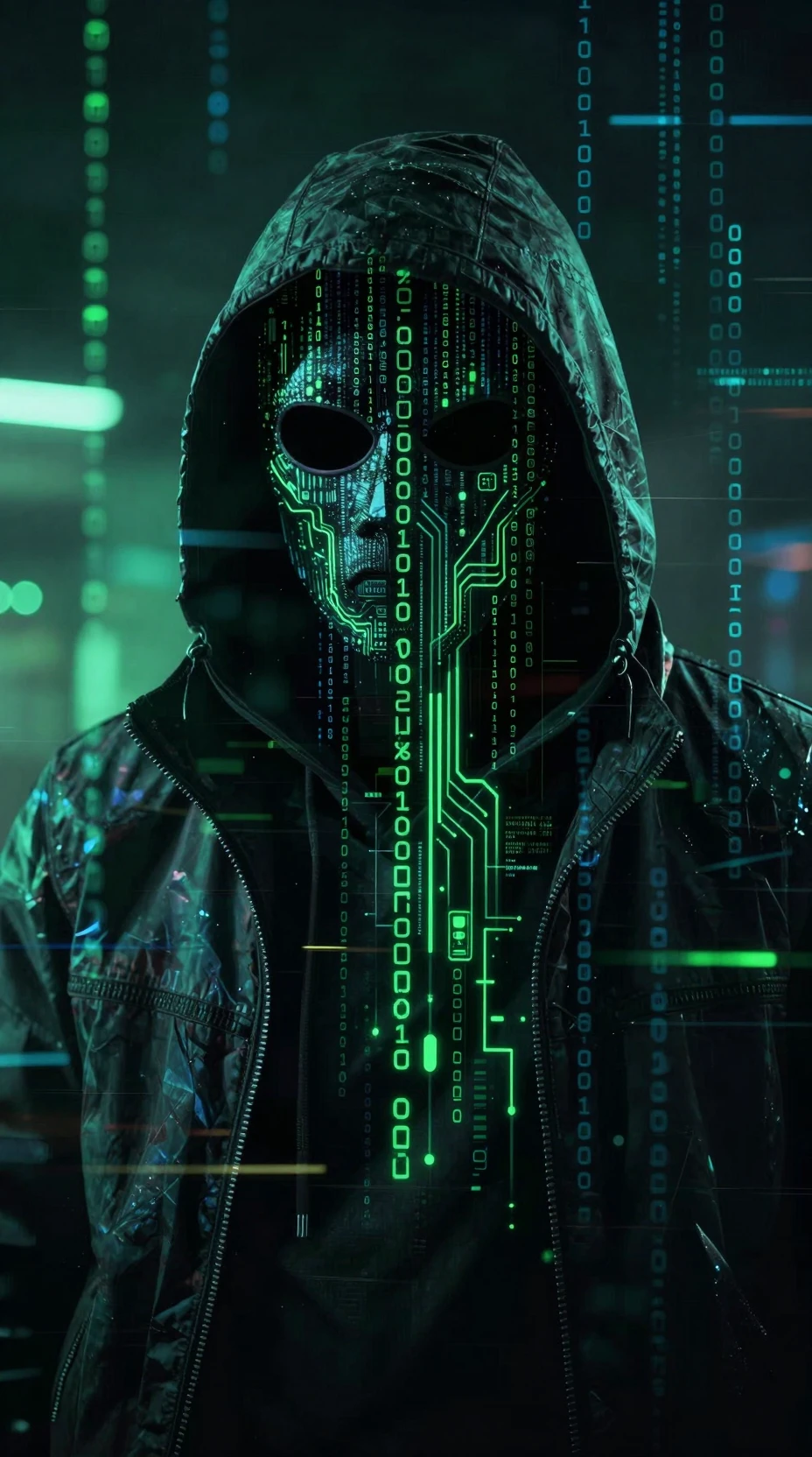Retrato de hacker cyberpunk com código binário e circuitos