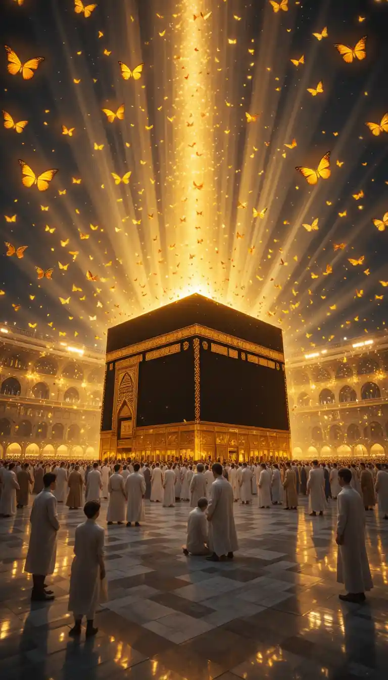Holy Kaaba With Golden Butterflies And Radiant Sky Light